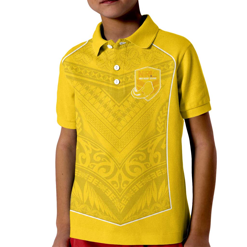 Custom Niue Rugby Kid Polo Shirt Hiapo Tribal Motifs Sporty Style LT03 Kid Yellow - Polynesian Pride