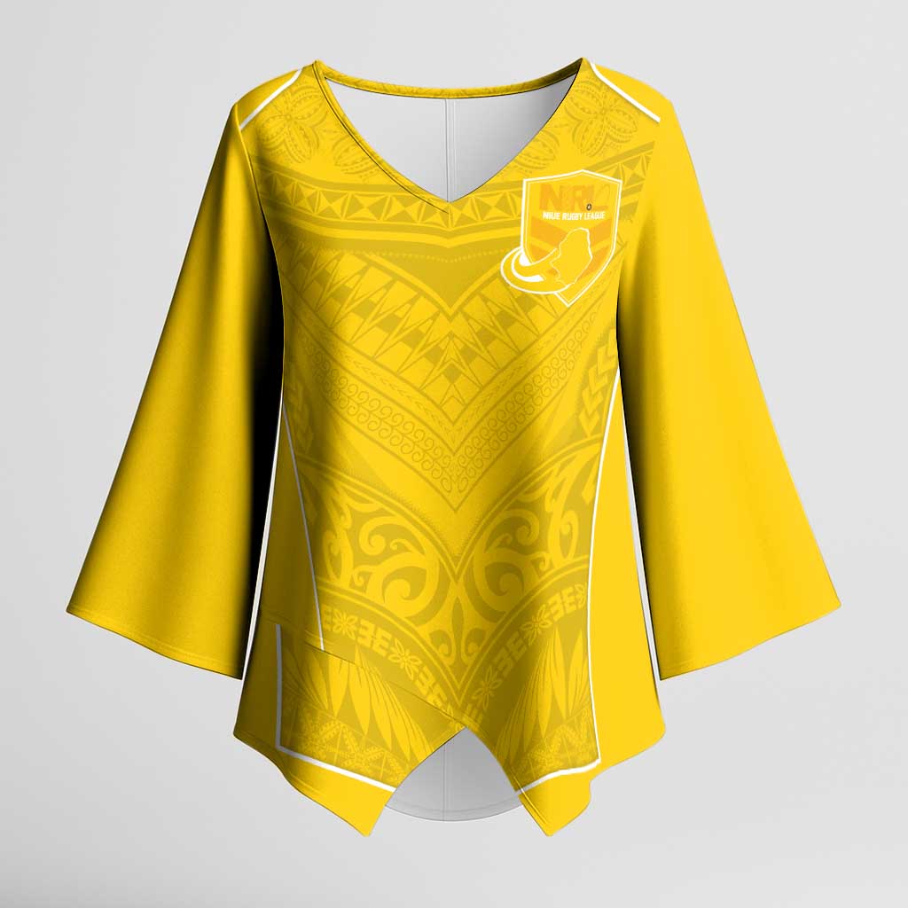 Custom Niue Rugby Kimono Sleeve Blouse Hiapo Tribal Motifs Sporty Style LT03 Female Yellow - Polynesian Pride