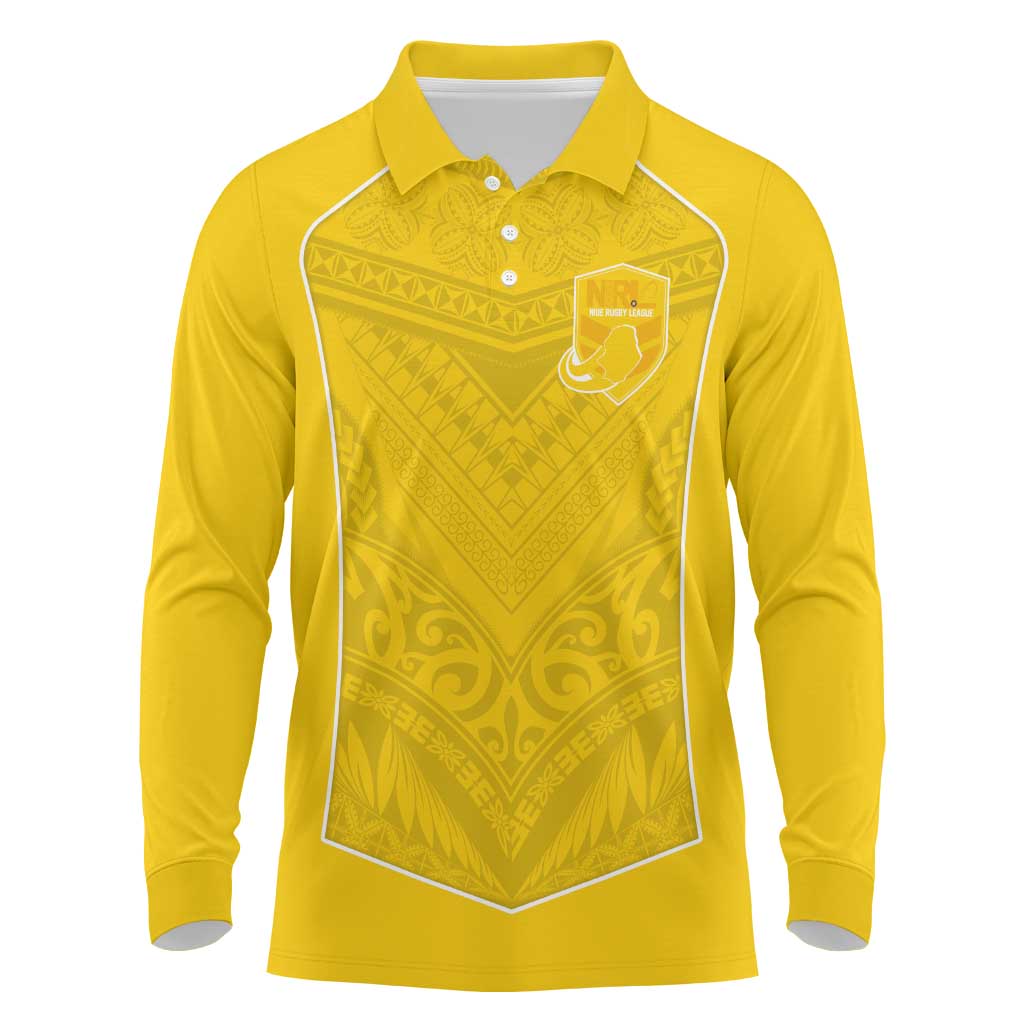 Custom Niue Rugby Long Sleeve Polo Shirt Hiapo Tribal Motifs Sporty Style LT03 Yellow - Polynesian Pride