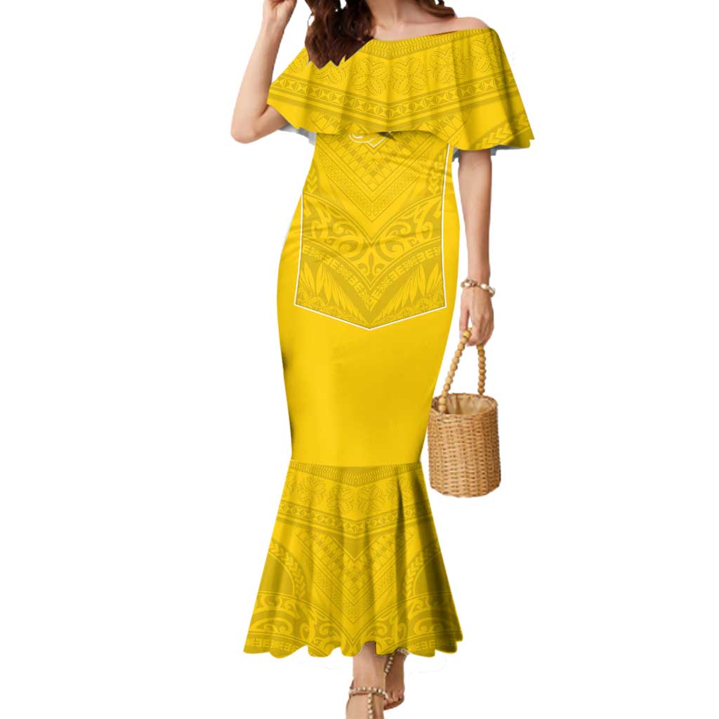 Custom Niue Rugby Mermaid Dress Hiapo Tribal Motifs Sporty Style LT03 Women Yellow - Polynesian Pride