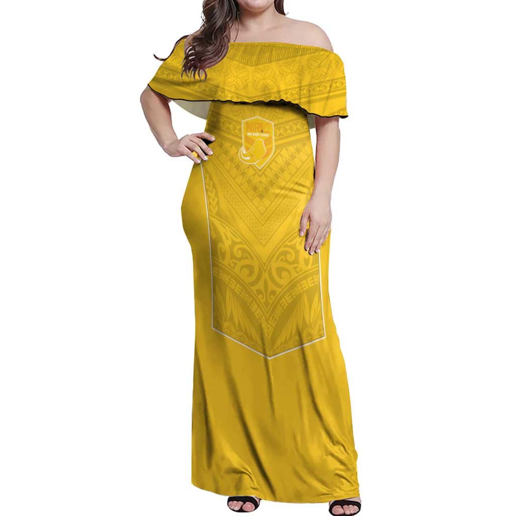Custom Niue Rugby Off Shoulder Maxi Dress Hiapo Tribal Motifs Sporty Style LT03 Women Yellow - Polynesian Pride