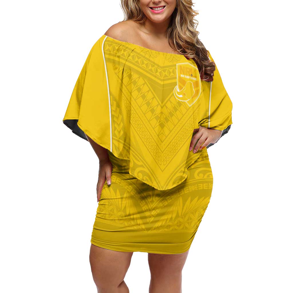 Custom Niue Rugby Off Shoulder Short Dress Hiapo Tribal Motifs Sporty Style LT03 Women Yellow - Polynesian Pride