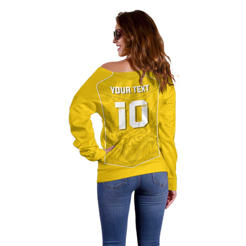 Custom Niue Rugby Off Shoulder Sweater Hiapo Tribal Motifs Sporty Style - Polynesian Pride