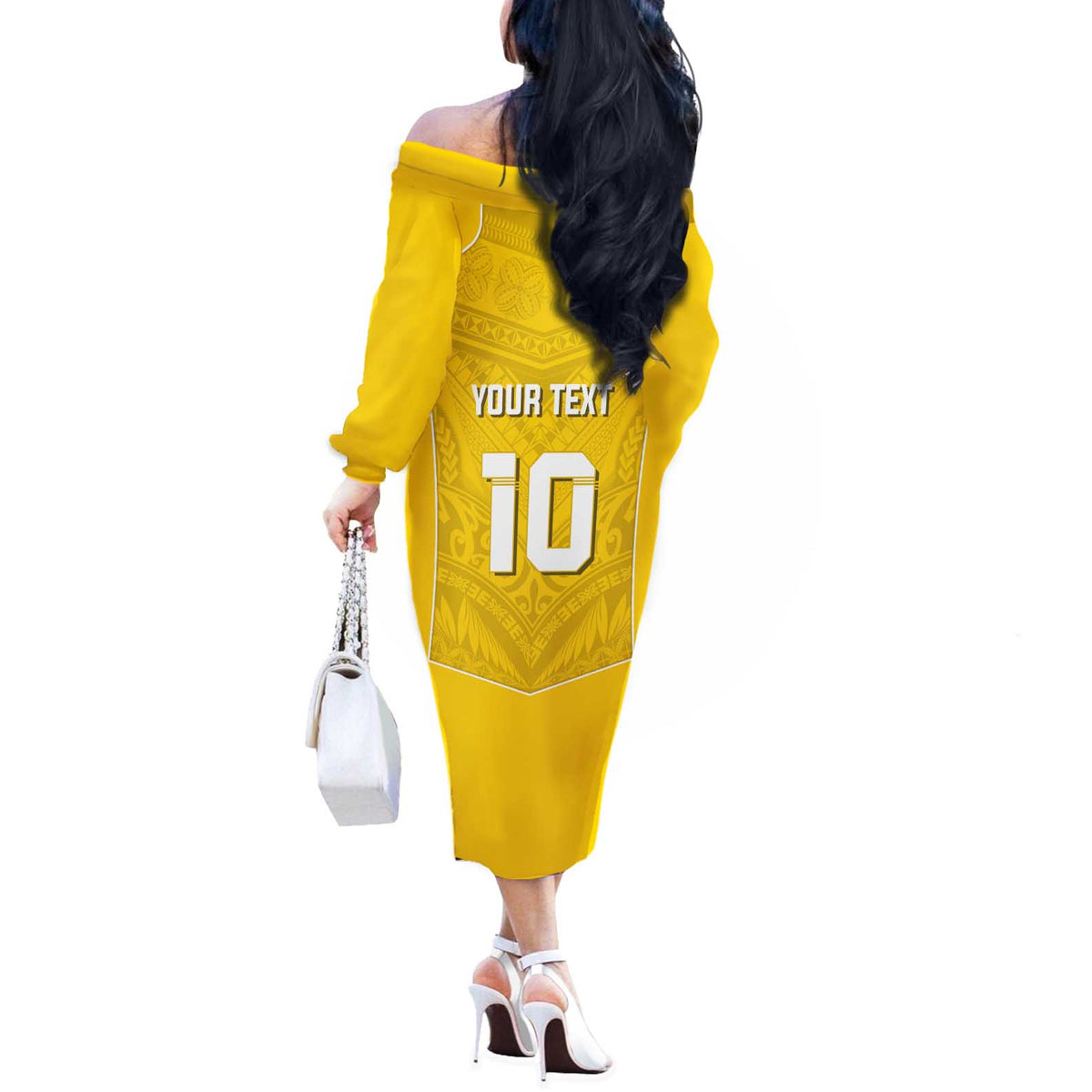 Custom Niue Rugby Off The Shoulder Long Sleeve Dress Hiapo Tribal Motifs Sporty Style LT03 - Polynesian Pride