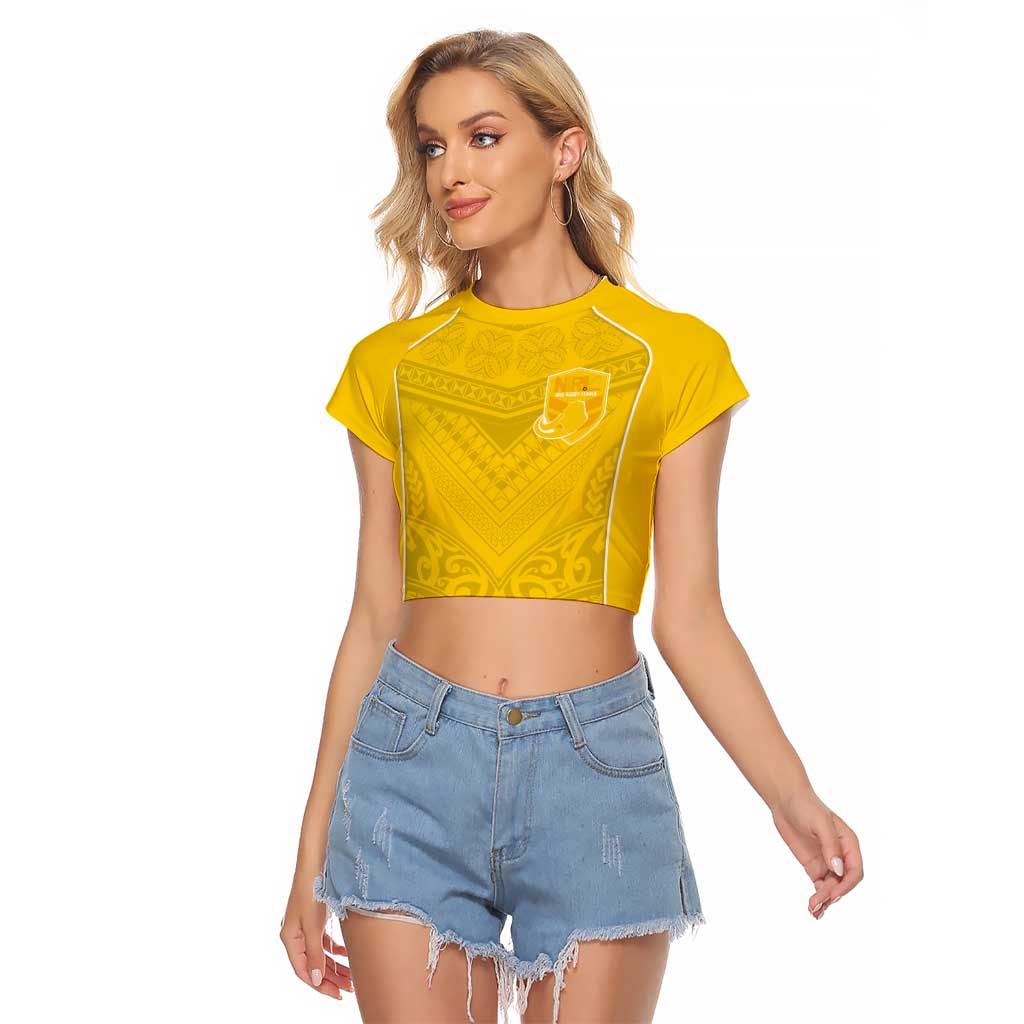 Custom Niue Rugby Raglan Cropped T Shirt Hiapo Tribal Motifs Sporty Style LT03 Female Yellow - Polynesian Pride