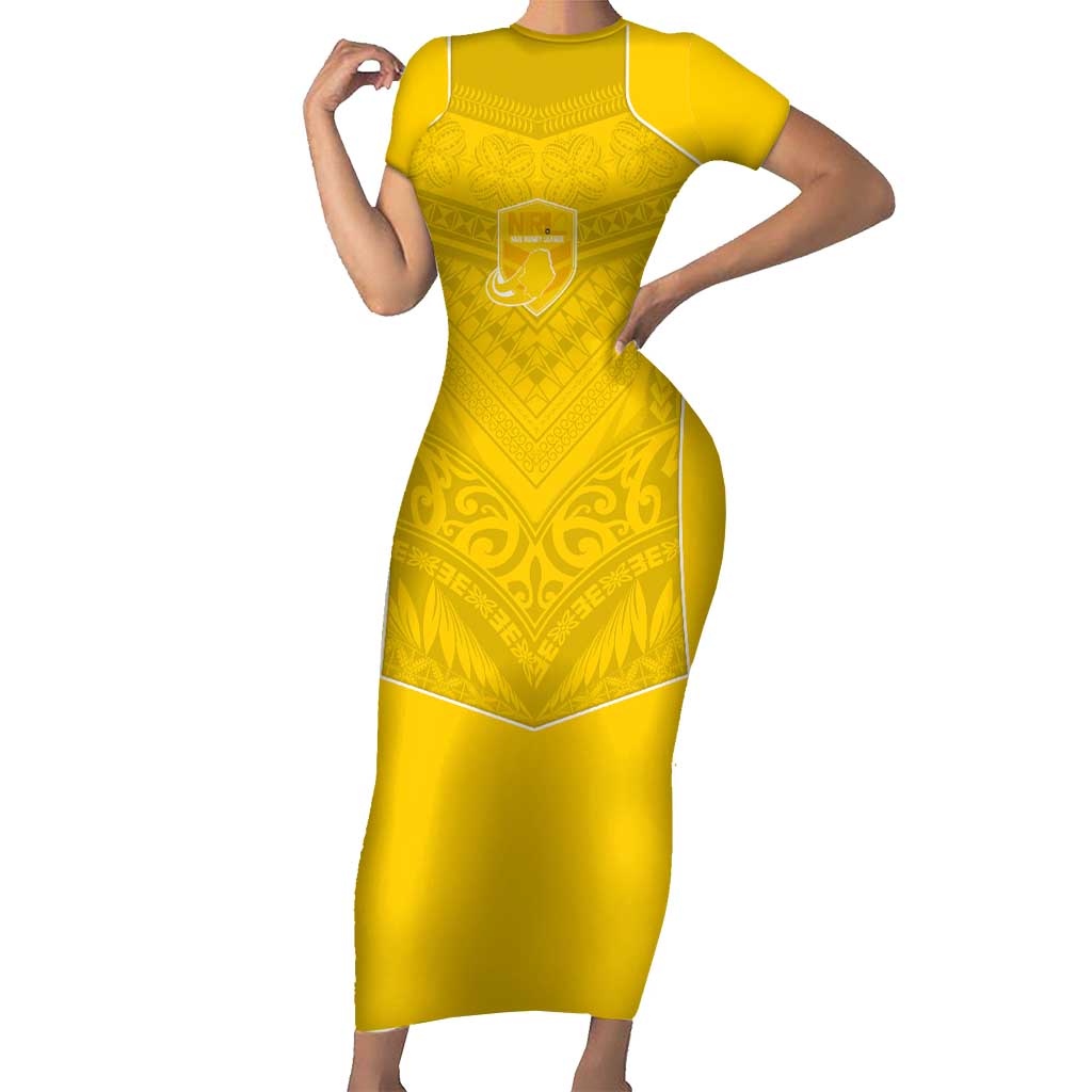 Custom Niue Rugby Short Sleeve Bodycon Dress Hiapo Tribal Motifs Sporty Style LT03 Long Dress Yellow - Polynesian Pride