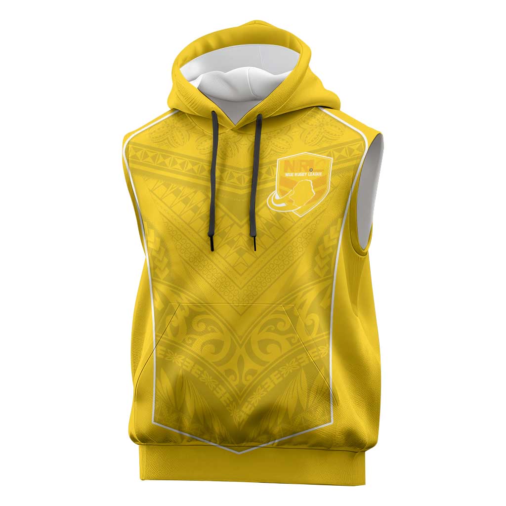 Custom Niue Rugby Sleeveless Hoodie Hiapo Tribal Motifs Sporty Style LT03 Yellow - Polynesian Pride