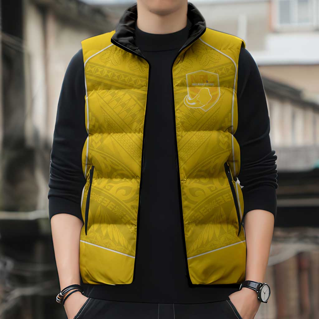 Custom Niue Rugby Sleeveless Puffer Jacket Hiapo Tribal Motifs Sporty Style - Polynesian Pride