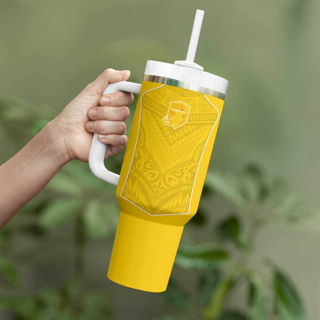 Custom Niue Rugby Tumbler With Handle Hiapo Tribal Motifs Sporty Style LT03 - Polynesian Pride