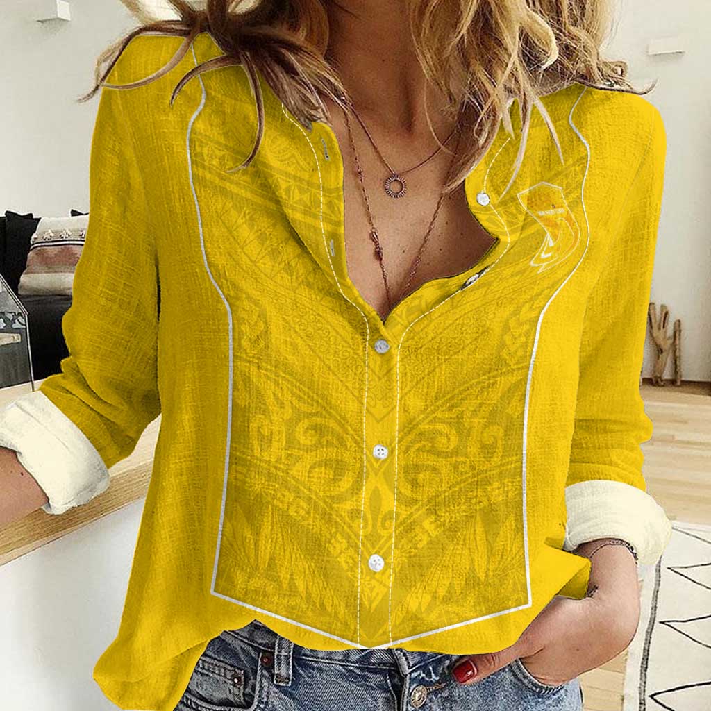 Custom Niue Rugby Women Casual Shirt Hiapo Tribal Motifs Sporty Style LT03 Female Yellow - Polynesian Pride