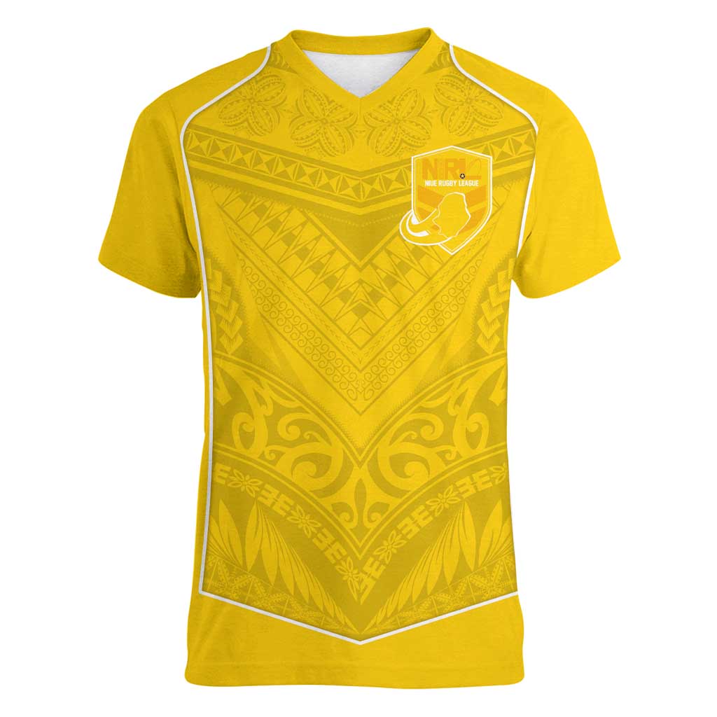 Custom Niue Rugby Women V-Neck T-Shirt Hiapo Tribal Motifs Sporty Style LT03 Female Yellow - Polynesian Pride