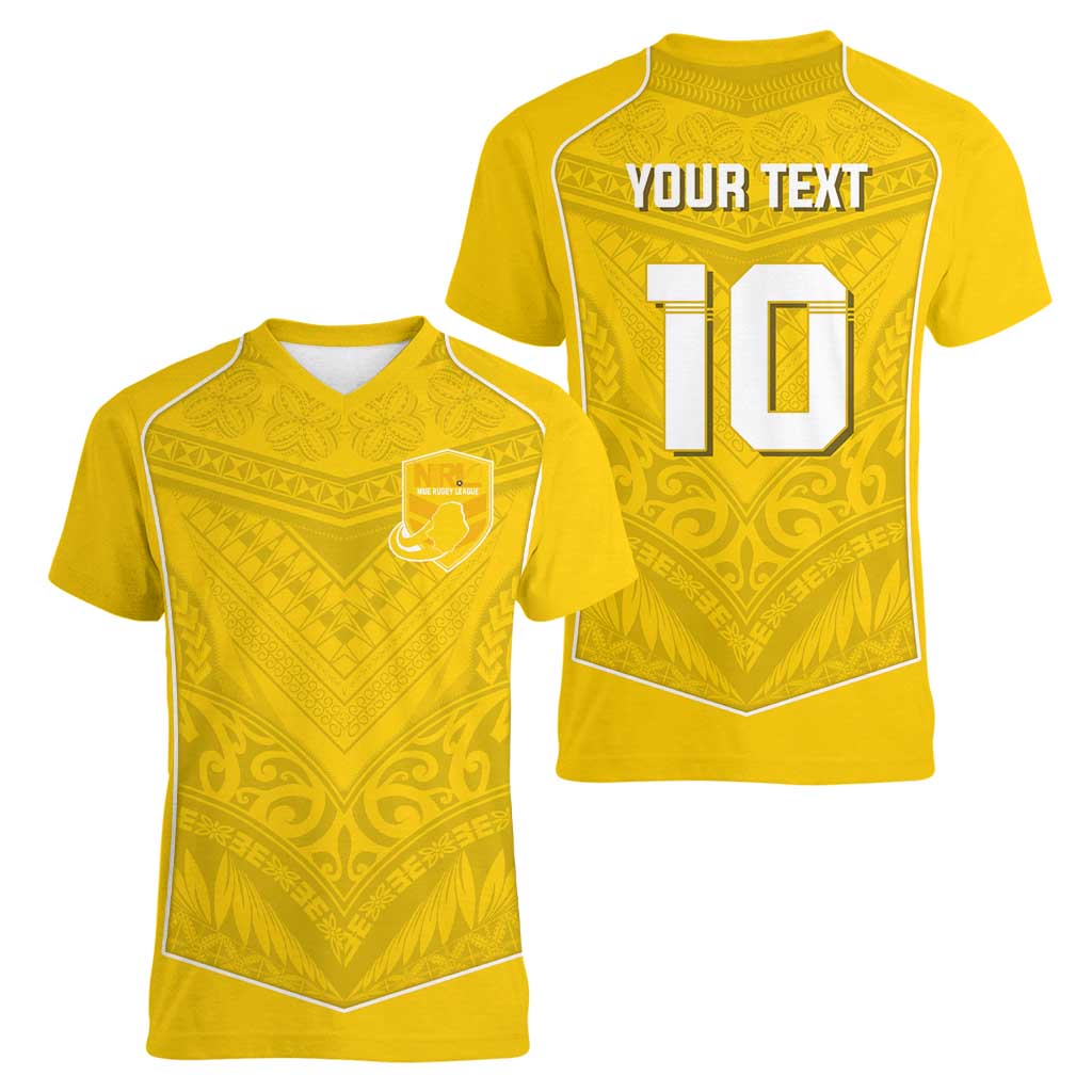 Custom Niue Rugby Women V-Neck T-Shirt Hiapo Tribal Motifs Sporty Style LT03 - Polynesian Pride