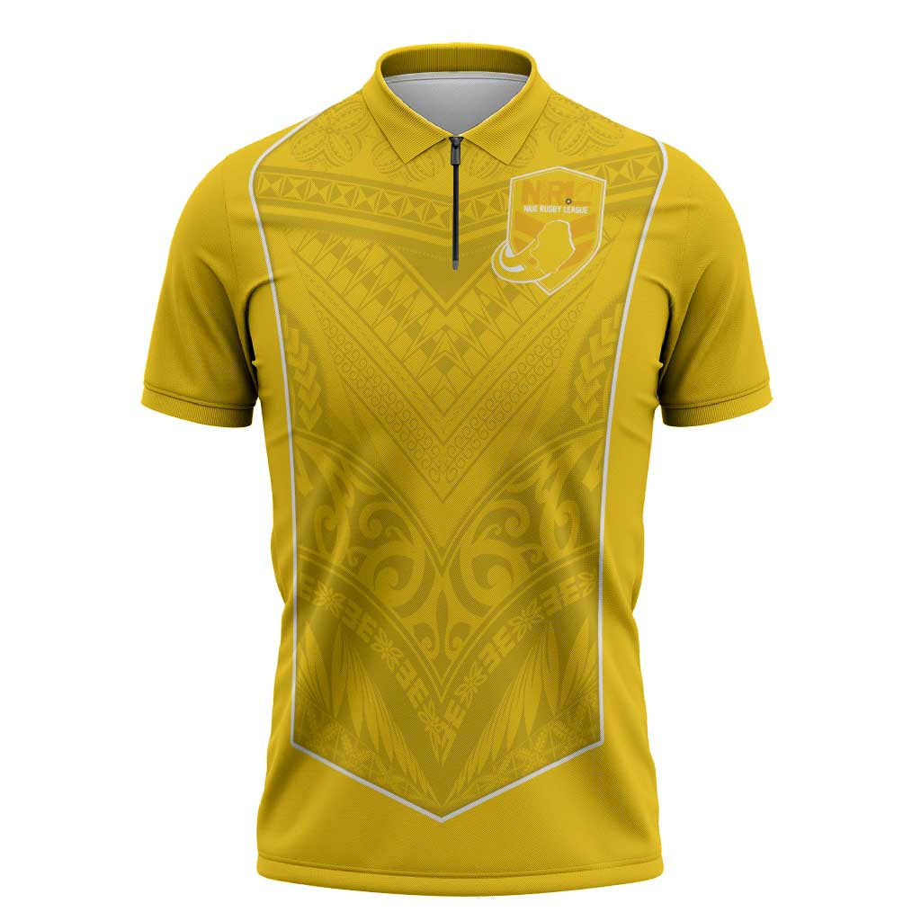 Custom Niue Rugby Zipper Polo Shirt Hiapo Tribal Motifs Sporty Style LT03 Yellow - Polynesian Pride