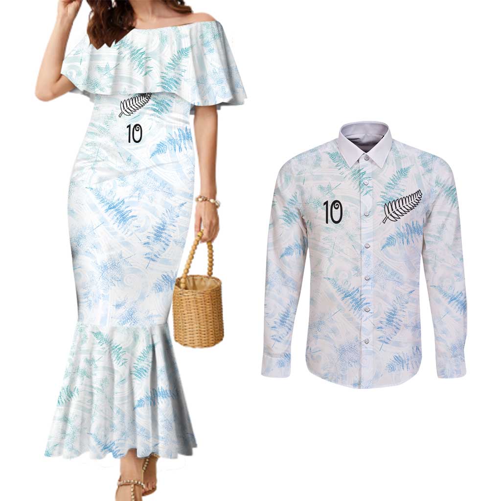 Custom New Zealand Football Couples Matching Mermaid Dress and Long Sleeve Button Shirt The Whites-Aotearoa Inspired LT03 White - Polynesian Pride