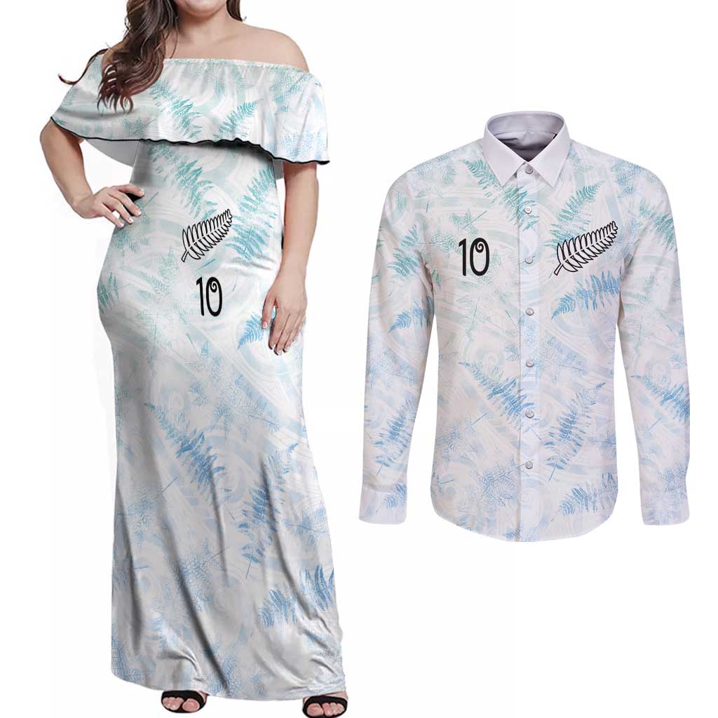 Custom New Zealand Football Couples Matching Off Shoulder Maxi Dress and Long Sleeve Button Shirt The Whites-Aotearoa Inspired LT03 White - Polynesian Pride