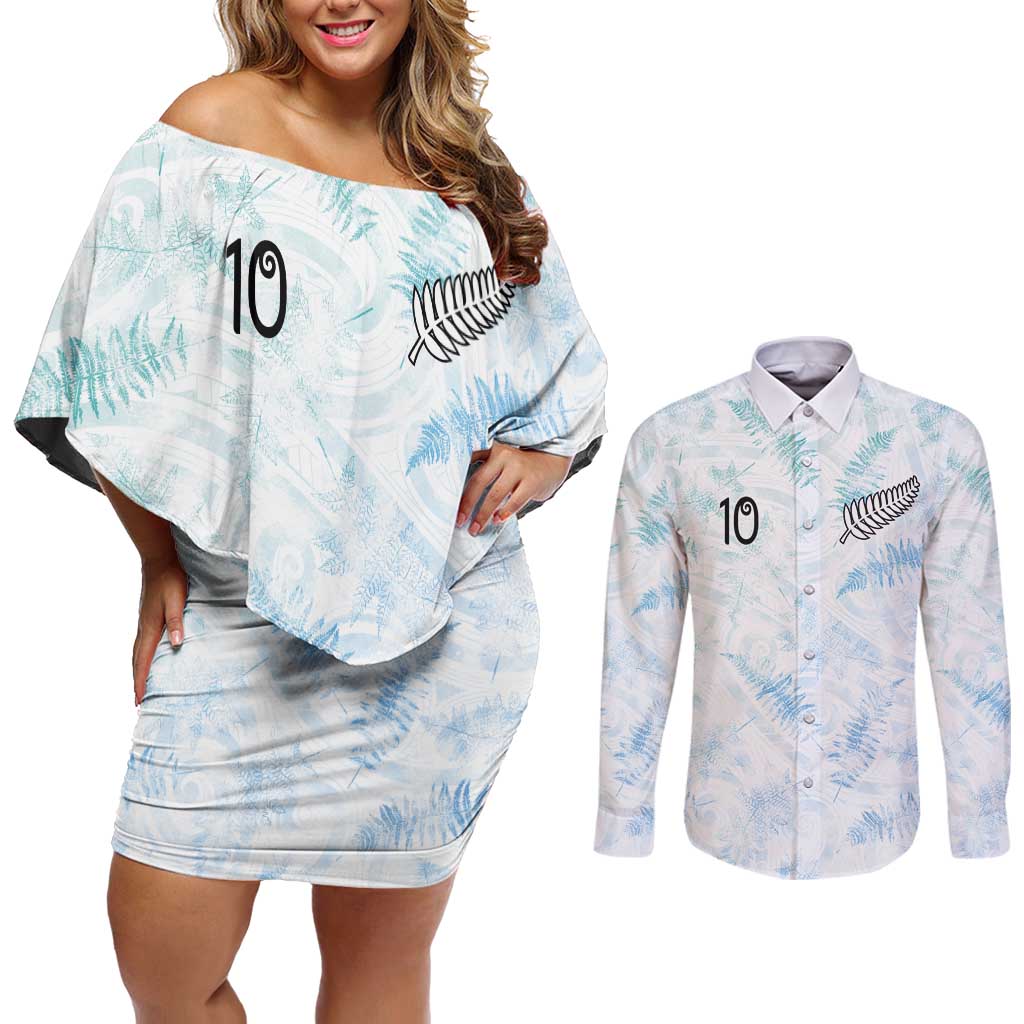 Custom New Zealand Football Couples Matching Off Shoulder Short Dress and Long Sleeve Button Shirt The Whites-Aotearoa Inspired LT03 White - Polynesian Pride