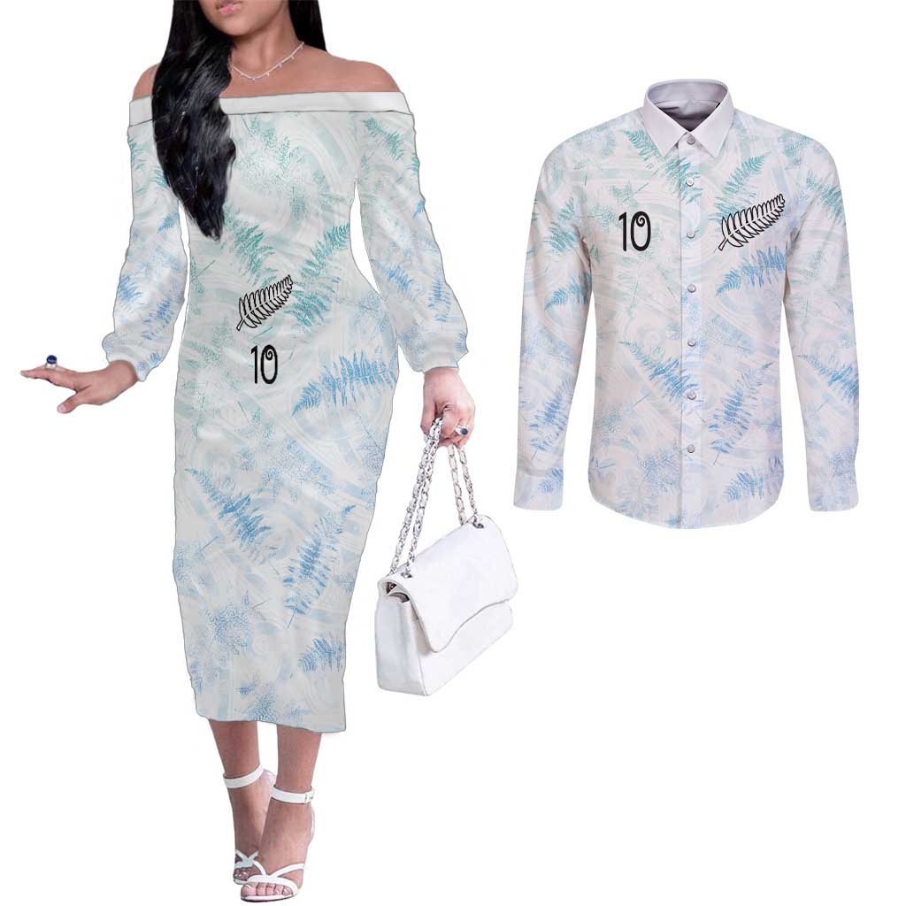 Custom New Zealand Football Couples Matching Off The Shoulder Long Sleeve Dress and Long Sleeve Button Shirt The Whites-Aotearoa Inspired LT03 White - Polynesian Pride