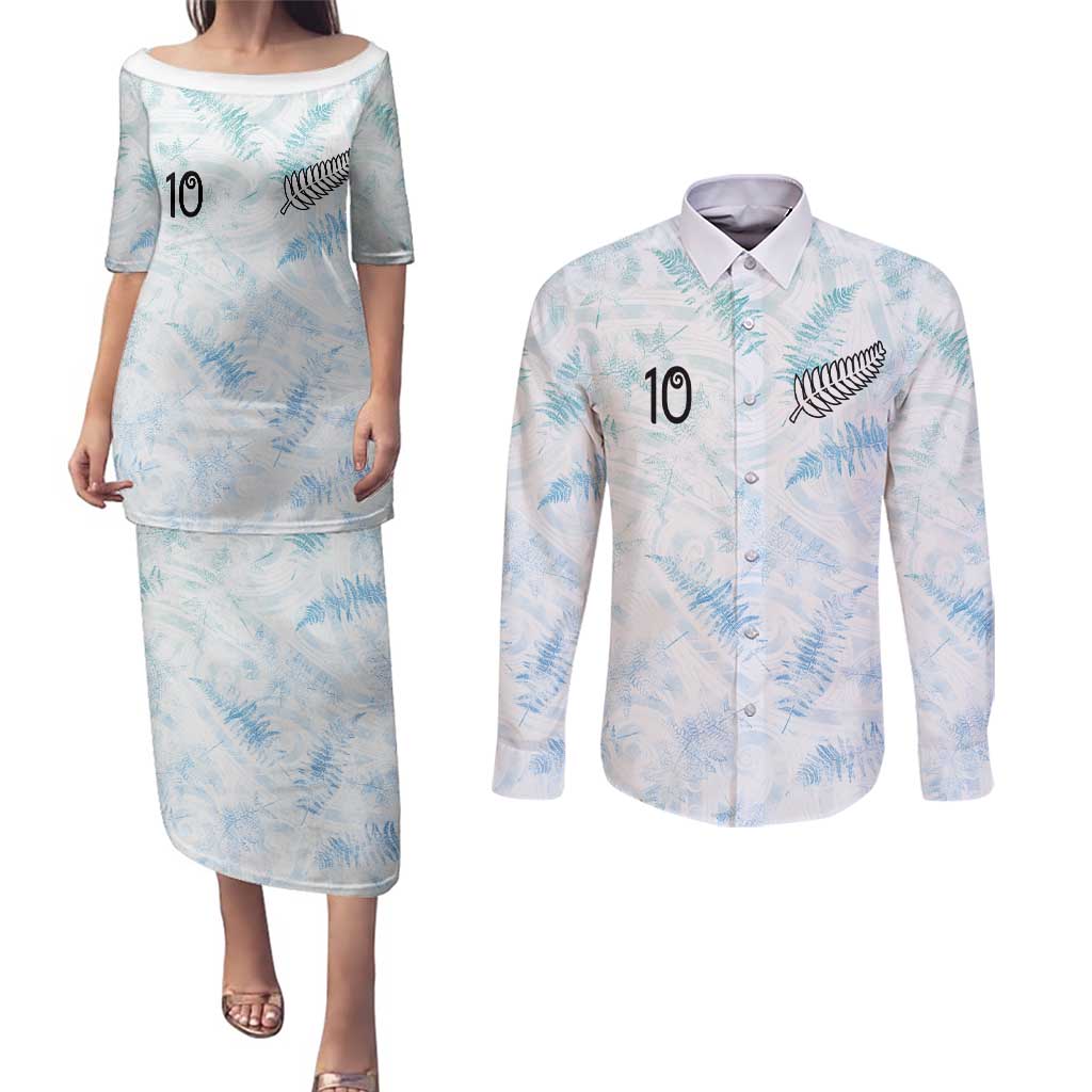 Custom New Zealand Football Couples Matching Puletasi and Long Sleeve Button Shirt The Whites-Aotearoa Inspired LT03 White - Polynesian Pride