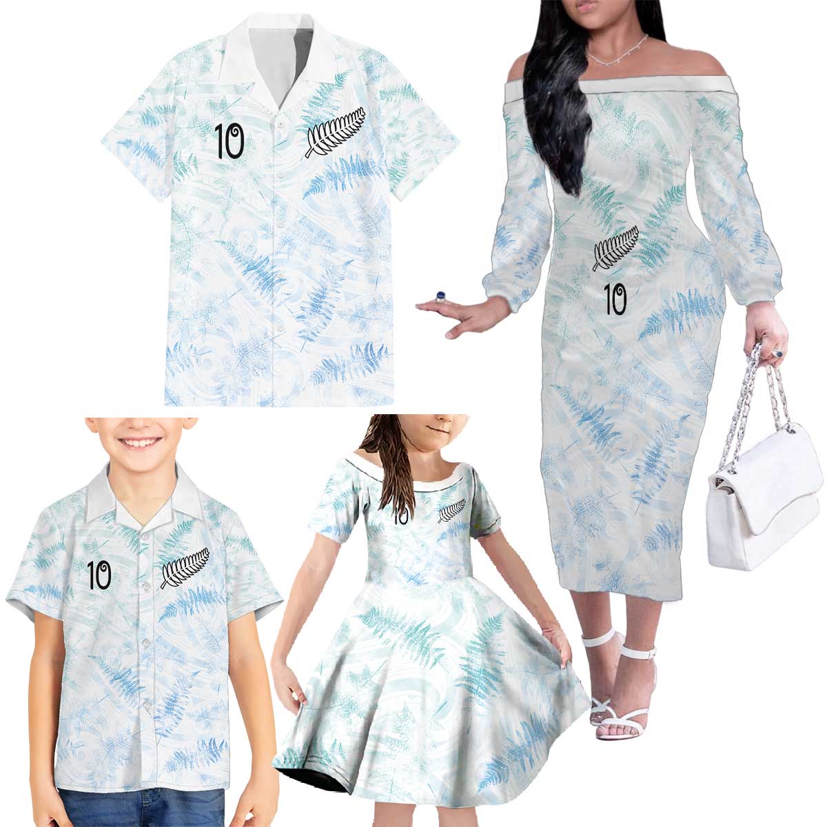 Custom New Zealand Football Family Matching Off The Shoulder Long Sleeve Dress and Hawaiian Shirt The Whites-Aotearoa Inspired LT03 - Polynesian Pride