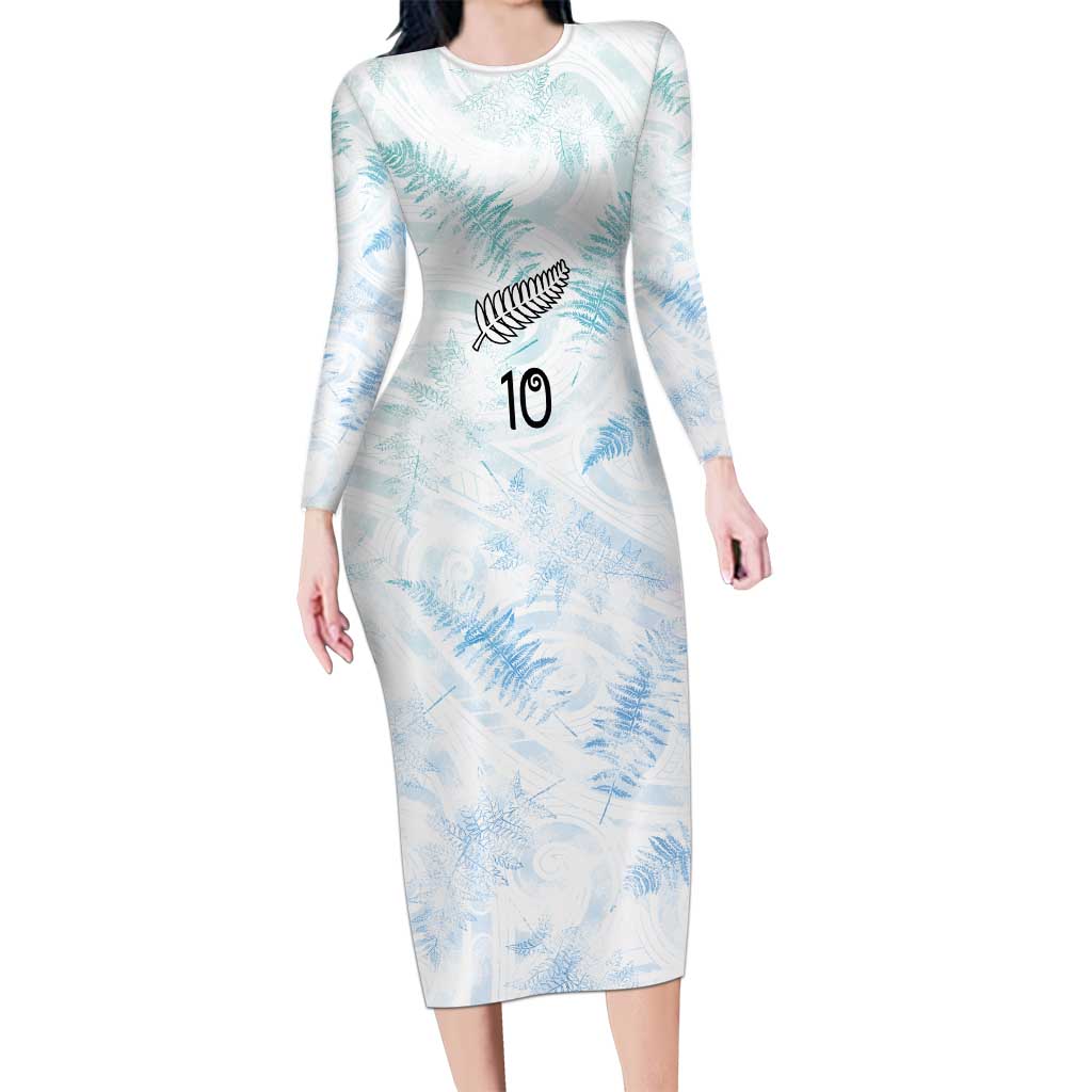 Custom New Zealand Football Long Sleeve Bodycon Dress The Whites-Aotearoa Inspired LT03 Long Dress White - Polynesian Pride