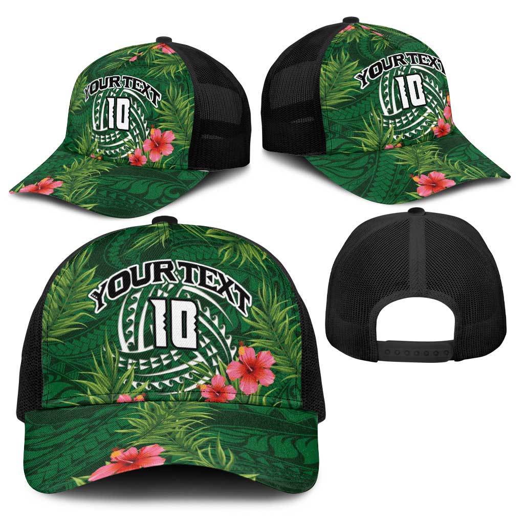 Custom Hawaii Volleyball Baseball Net Cap Kakau Abstract and Tropical Plants Green Color - Polynesian Pride