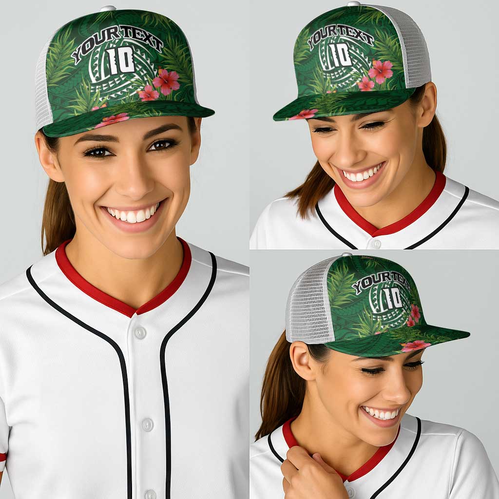 Custom Hawaii Volleyball Baseball Net Cap Kakau Abstract and Tropical Plants Green Color - Polynesian Pride