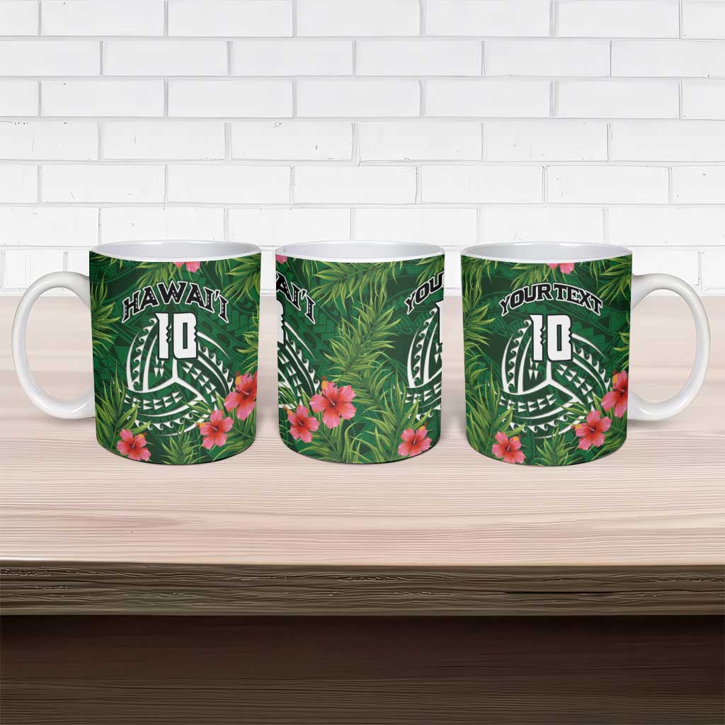Custom Hawaii Volleyball Ceramic Mug Kakau Abstract and Tropical Plants Green Color - Polynesian Pride