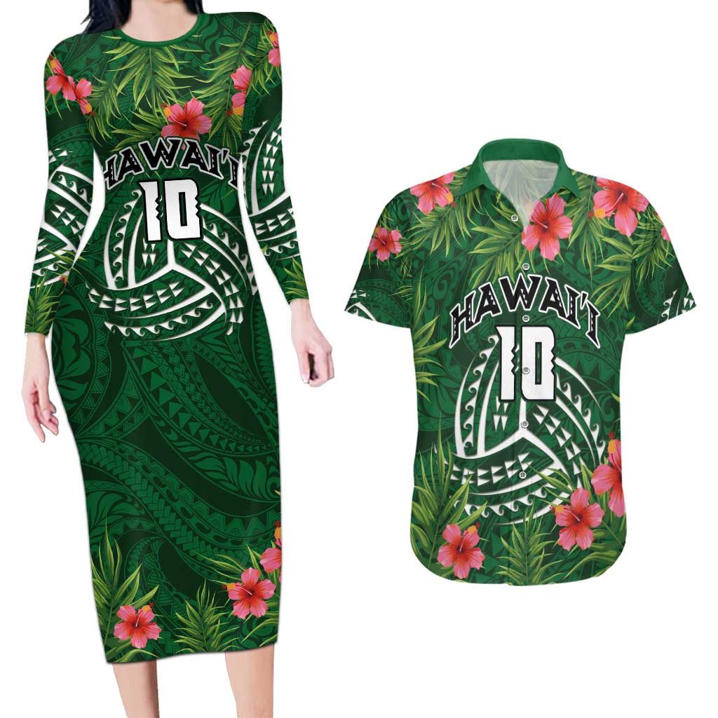 Custom Hawaii Volleyball Couples Matching Long Sleeve Bodycon Dress and Hawaiian Shirt Kakau Abstract and Tropical Plants Green Color LT03 Green - Polynesian Pride