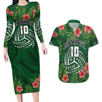 Custom Hawaii Volleyball Couples Matching Long Sleeve Bodycon Dress and Hawaiian Shirt Kakau Abstract and Tropical Plants Green Color LT03 Green - Polynesian Pride