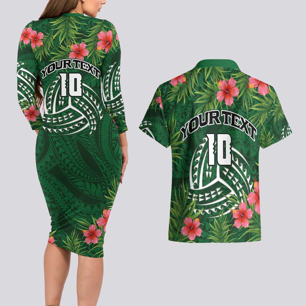 Custom Hawaii Volleyball Couples Matching Long Sleeve Bodycon Dress and Hawaiian Shirt Kakau Abstract and Tropical Plants Green Color LT03 - Polynesian Pride