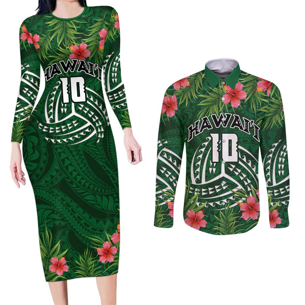 Custom Hawaii Volleyball Couples Matching Long Sleeve Bodycon Dress and Long Sleeve Button Shirt Kakau Abstract and Tropical Plants Green Color LT03 Green - Polynesian Pride