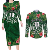Custom Hawaii Volleyball Couples Matching Long Sleeve Bodycon Dress and Long Sleeve Button Shirt Kakau Abstract and Tropical Plants Green Color LT03 Green - Polynesian Pride