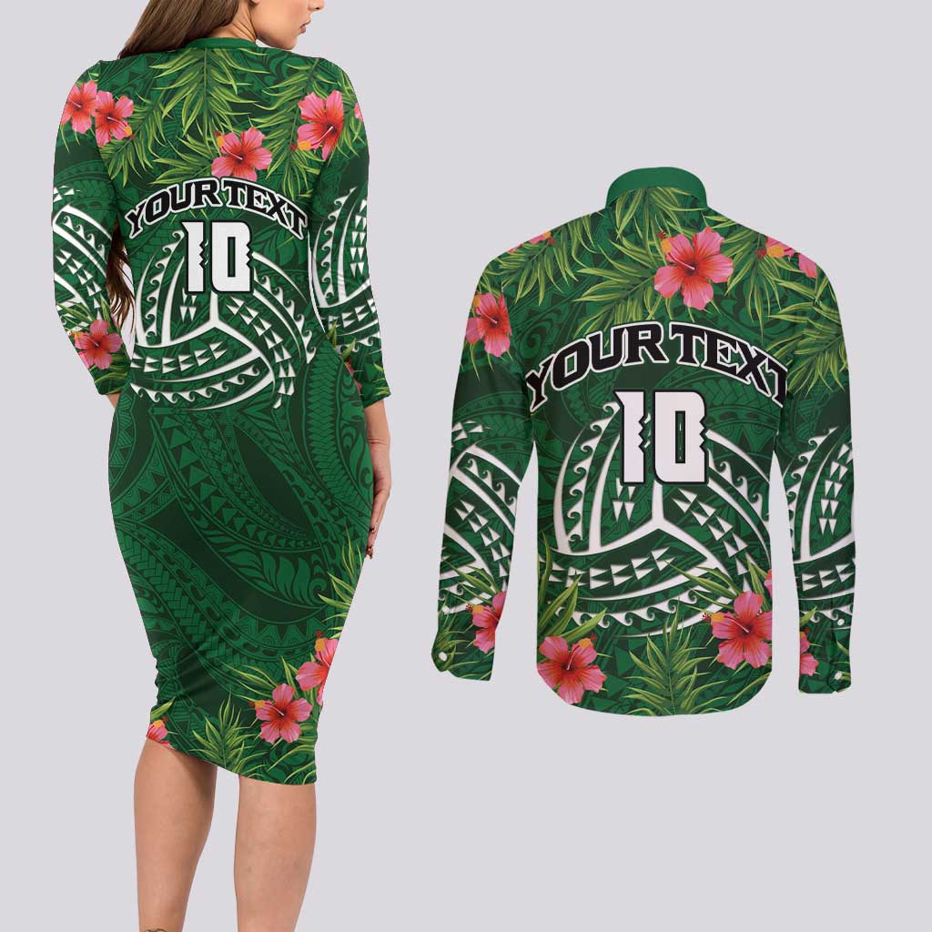 Custom Hawaii Volleyball Couples Matching Long Sleeve Bodycon Dress and Long Sleeve Button Shirt Kakau Abstract and Tropical Plants Green Color LT03 - Polynesian Pride