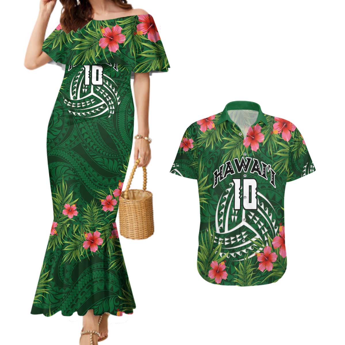 Custom Hawaii Volleyball Couples Matching Mermaid Dress and Hawaiian Shirt Kakau Abstract and Tropical Plants Green Color - Polynesian Pride