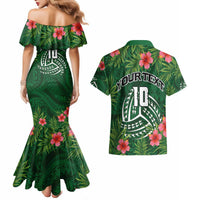 Custom Hawaii Volleyball Couples Matching Mermaid Dress and Hawaiian Shirt Kakau Abstract and Tropical Plants Green Color LT03 - Polynesian Pride