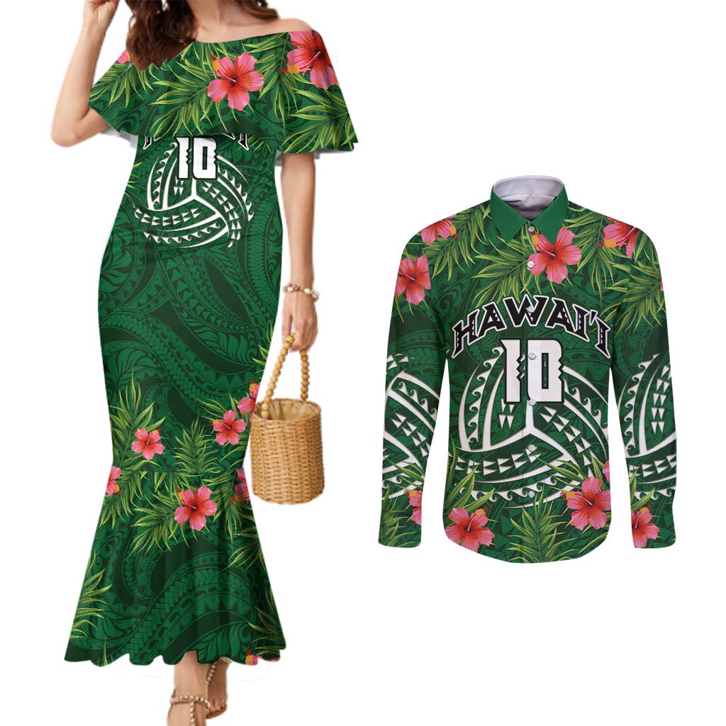Custom Hawaii Volleyball Couples Matching Mermaid Dress and Long Sleeve Button Shirt Kakau Abstract and Tropical Plants Green Color - Polynesian Pride