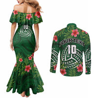 Custom Hawaii Volleyball Couples Matching Mermaid Dress and Long Sleeve Button Shirt Kakau Abstract and Tropical Plants Green Color LT03 - Polynesian Pride