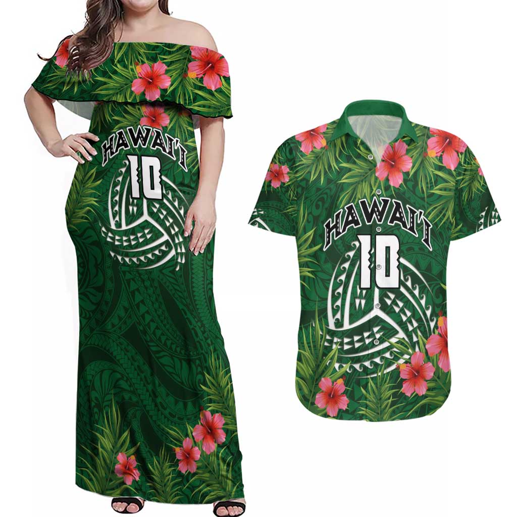 Custom Hawaii Volleyball Couples Matching Off Shoulder Maxi Dress and Hawaiian Shirt Kakau Abstract and Tropical Plants Green Color LT03 Green - Polynesian Pride