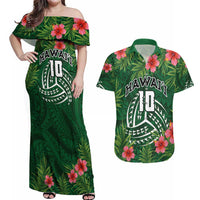 Custom Hawaii Volleyball Couples Matching Off Shoulder Maxi Dress and Hawaiian Shirt Kakau Abstract and Tropical Plants Green Color LT03 Green - Polynesian Pride