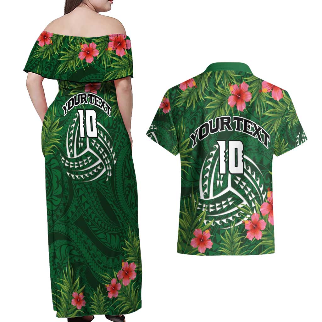 Custom Hawaii Volleyball Couples Matching Off Shoulder Maxi Dress and Hawaiian Shirt Kakau Abstract and Tropical Plants Green Color LT03 - Polynesian Pride