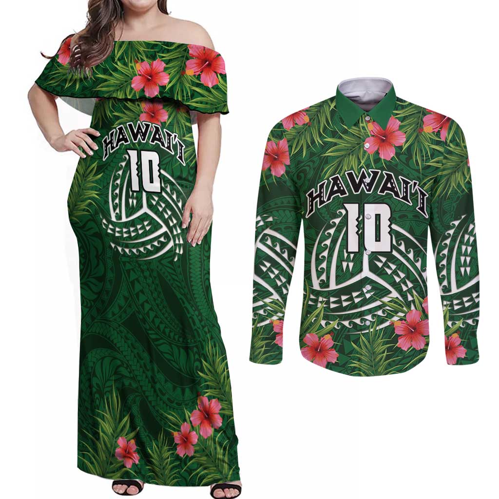 Custom Hawaii Volleyball Couples Matching Off Shoulder Maxi Dress and Long Sleeve Button Shirt Kakau Abstract and Tropical Plants Green Color LT03 Green - Polynesian Pride