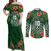 Custom Hawaii Volleyball Couples Matching Off Shoulder Maxi Dress and Long Sleeve Button Shirt Kakau Abstract and Tropical Plants Green Color LT03 Green - Polynesian Pride
