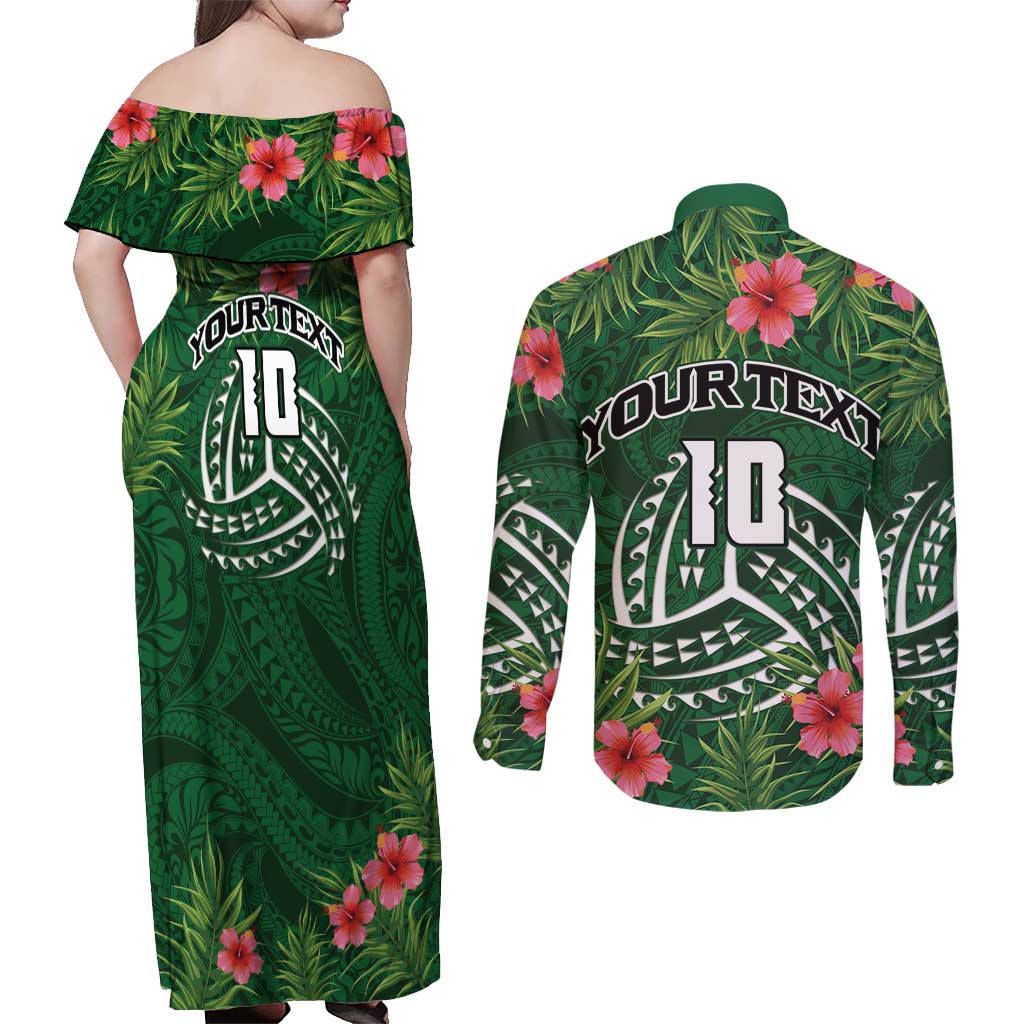 Custom Hawaii Volleyball Couples Matching Off Shoulder Maxi Dress and Long Sleeve Button Shirt Kakau Abstract and Tropical Plants Green Color LT03 - Polynesian Pride
