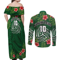 Custom Hawaii Volleyball Couples Matching Off Shoulder Maxi Dress and Long Sleeve Button Shirt Kakau Abstract and Tropical Plants Green Color LT03 - Polynesian Pride