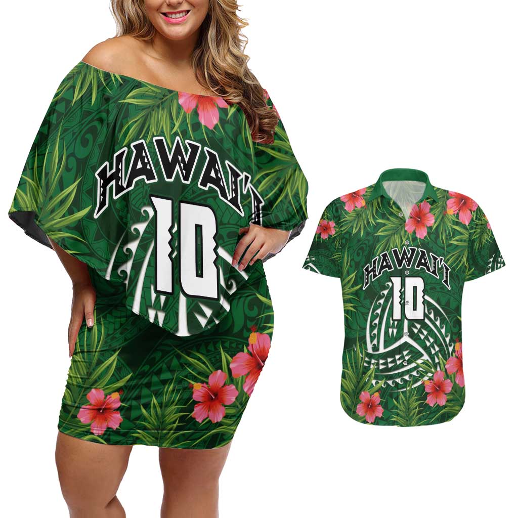 Custom Hawaii Volleyball Couples Matching Off Shoulder Short Dress and Hawaiian Shirt Kakau Abstract and Tropical Plants Green Color - Polynesian Pride