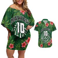 Custom Hawaii Volleyball Couples Matching Off Shoulder Short Dress and Hawaiian Shirt Kakau Abstract and Tropical Plants Green Color LT03 Green - Polynesian Pride
