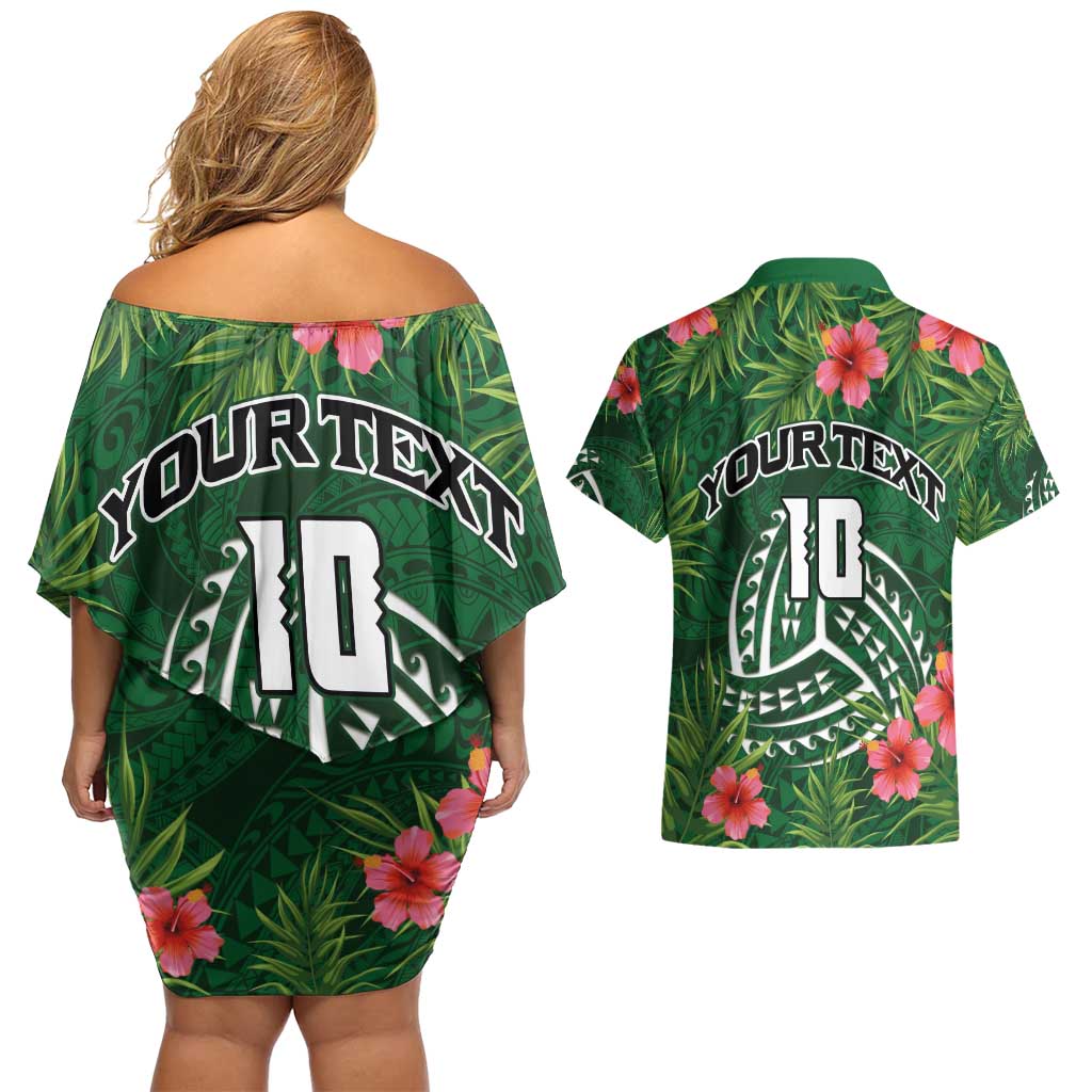 Custom Hawaii Volleyball Couples Matching Off Shoulder Short Dress and Hawaiian Shirt Kakau Abstract and Tropical Plants Green Color LT03 - Polynesian Pride