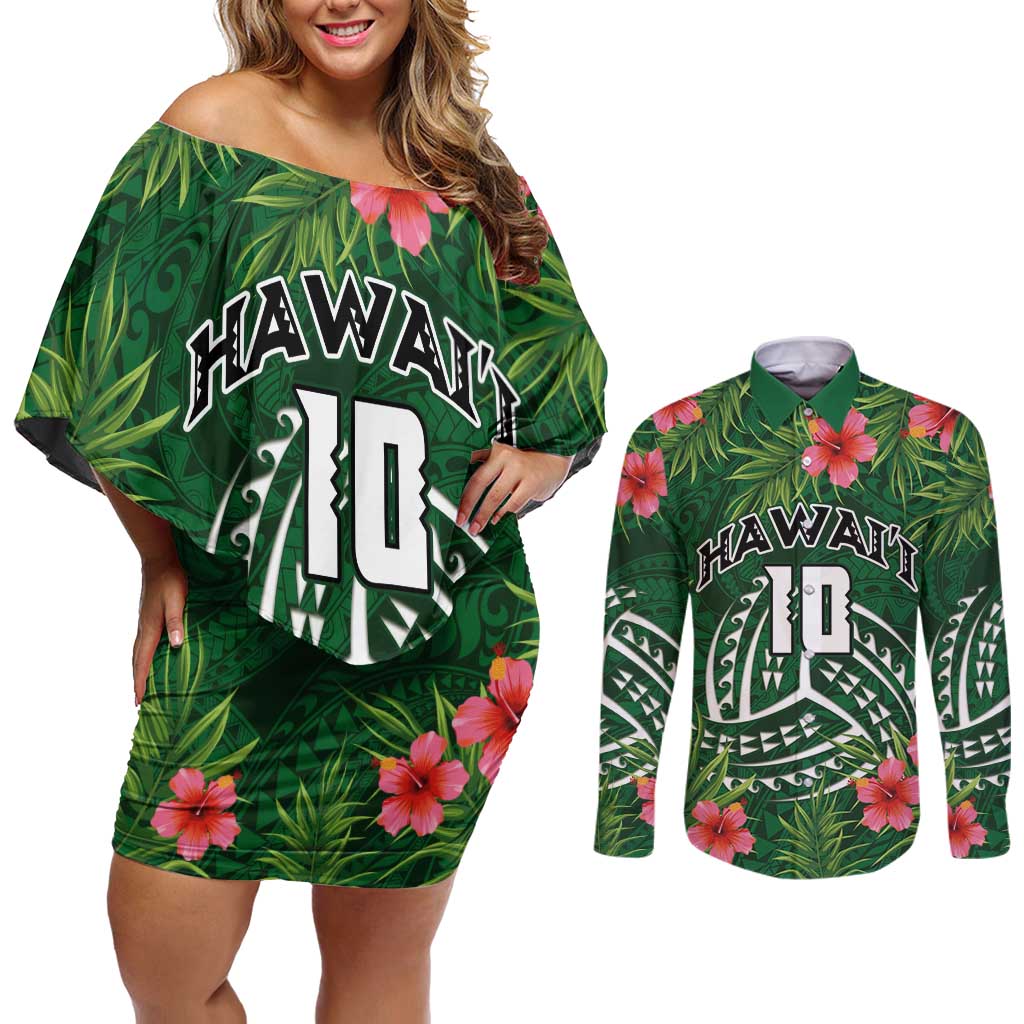 Custom Hawaii Volleyball Couples Matching Off Shoulder Short Dress and Long Sleeve Button Shirt Kakau Abstract and Tropical Plants Green Color LT03 Green - Polynesian Pride