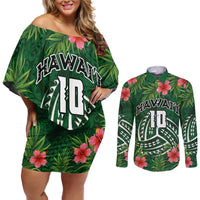 Custom Hawaii Volleyball Couples Matching Off Shoulder Short Dress and Long Sleeve Button Shirt Kakau Abstract and Tropical Plants Green Color LT03 Green - Polynesian Pride