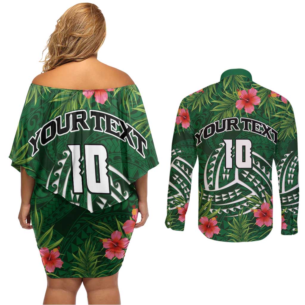 Custom Hawaii Volleyball Couples Matching Off Shoulder Short Dress and Long Sleeve Button Shirt Kakau Abstract and Tropical Plants Green Color LT03 - Polynesian Pride